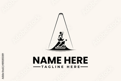Black and white vector illustration of a logo featuring a person running up a triangular mountain with a tagline and placeholder text on a light beige background.