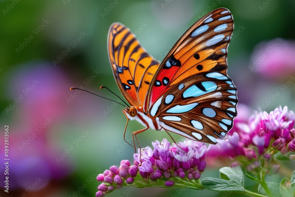 Obraz premium Vibrant Butterfly on Purple Flowers in Nature