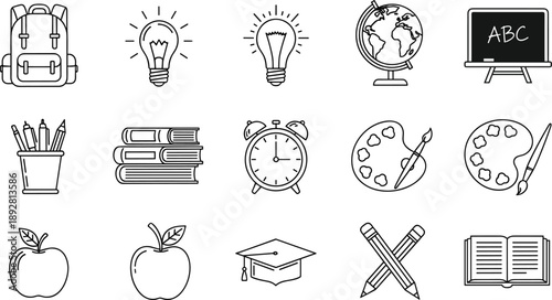 Hand drawn education icon set, with school supplies learning tools and classroom symbols isolated on white background minimal line art