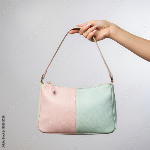 Woman's hand holding a minimalist clutch, gray background