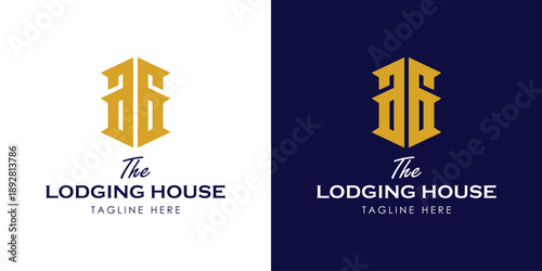 Minimalist hexagonal lodging house logo with symmetric 3D building structure