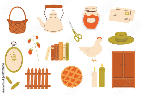 Cozy cottagecore themed vector illustration set with various rustic and homey objects. The collection includes a basket, teapot, jar of jam, envelopes, scissors, hat, chicken, books, strawberries.