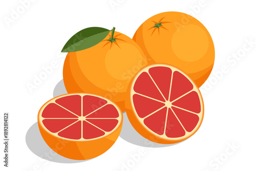 Isometric illustration of whole grapefruit and cut half with red pulp and green leaf. Fresh citrus fruit for diet, juice, and healthy lifestyle. Bitter sweet organic food element isolated on white