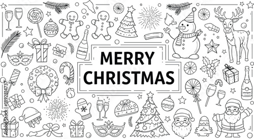 Merry Christmas doodle icons collection featuring holiday decorations Santa gifts snowman festive symbols hand drawn outline illustration set for celebration design
