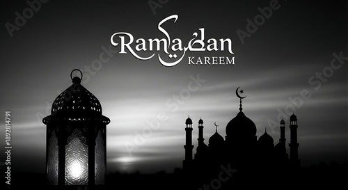 Silhouette of a mosque with onion-shaped domes, minarets, and intricate architectural details against a gray evening sky, with the text 'Ramadan