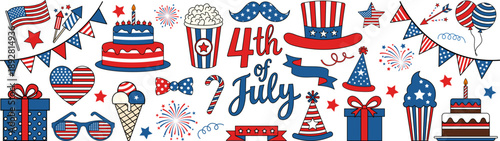 Fourth of july celebration clipart set with patriotic cake hat fireworks popcorn bunting balloons and party decorations