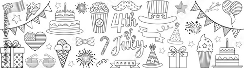 4thof july outline coloring page set with patriotic cake popcorn hat fireworks bunting balloons and party elements