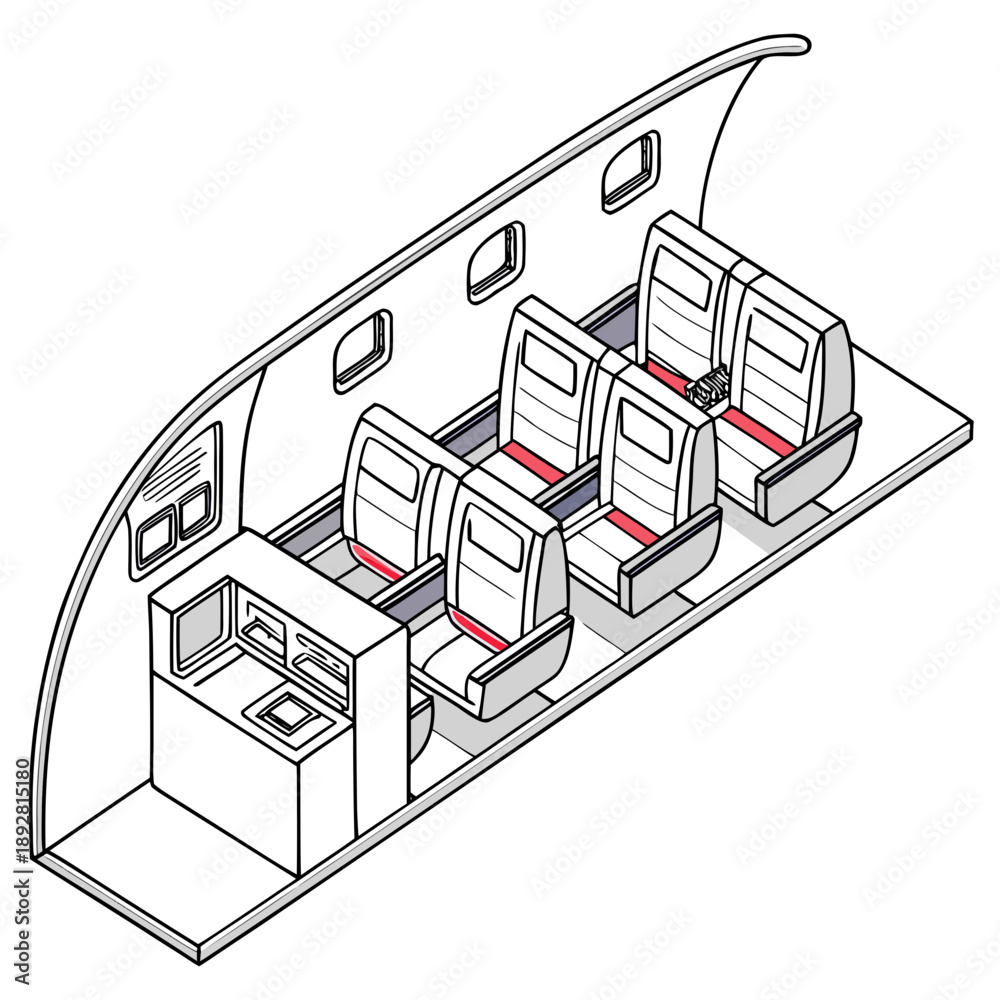 Fototapeta premium Airplane interior seat layout with red accents white seats