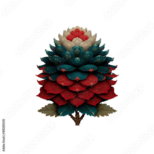 Isolated Christmas tree decoration featuring a green pine fir branch with spruce needles, festive ornaments, a holiday cone, and an evergreen bow on a white background for a winter xmas celebration