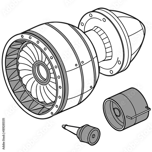 Jet engine component exploded view mechanical parts