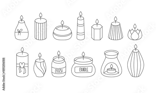 Cozy candle collection: hand drawn line art design candles with flames. For cozy lifestyle, hygge, home decor design. 