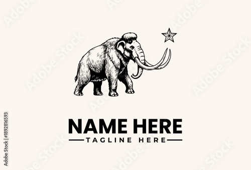 A black and white illustration of a mammoth with a star, accompanied by placeholder text for a name and tagline on a plain background, in a simple graphic design.
