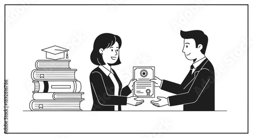 Businessman and woman exchanging certificate near stack of books and graduation cap