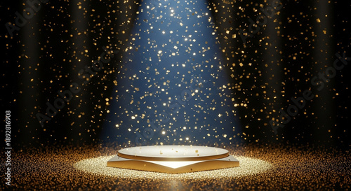 Luxury golden stage background with spotlight lighting, falling glitter particles and dark empty space, perfect for product display, awards, events, branding and premium advertising.