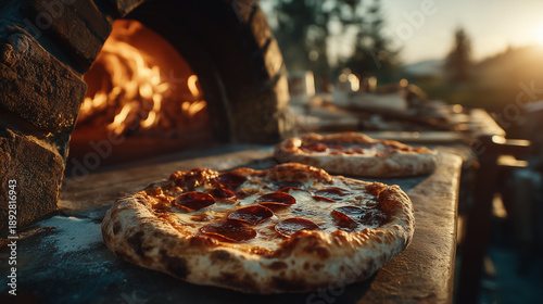 Fresh pepperoni pizzas with bubbling cheese on stone ledge in front of traditional wood-fired brick oven glowing with golden flames at sunset.