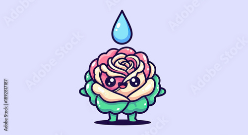 Cute Rose Character with Water Droplet - Kawaii Style