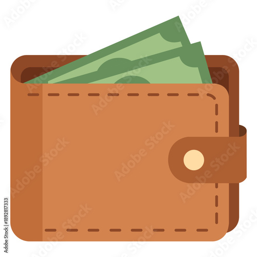 Wallet with Cash: A detailed illustration captures a brown leather wallet, slightly open to reveal neatly folded banknotes, symbolizing financial security and wealth.
