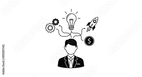 Businessman with innovative ideas and financial growth concept light bulb gears rocket and dollar sign