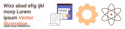 Business solutions, technology development, scientific research, innovation, workflow optimization, data analysis. Visual icons of an invoice, gear and atom. Business solutions and technology