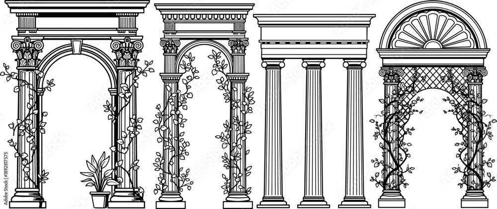 Fototapeta premium Classical architectural arches and columns with decorative plants, ancient Roman style elements, elegant black and white line art illustration design collection