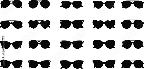 Black sunglasses silhouette icon collection featuring multiple eyewear styles, modern fashion accessories set, minimalist black and white vector illustration design
