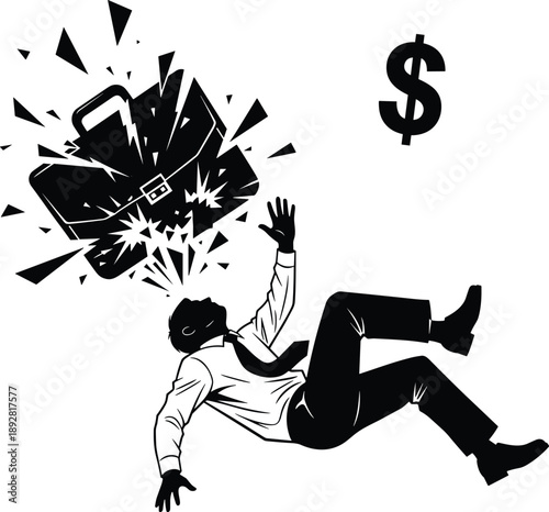 Businessman falling after briefcase explosion symbolizing financial loss risk debt crisis isolated on white background vector illustration economic failure concept design