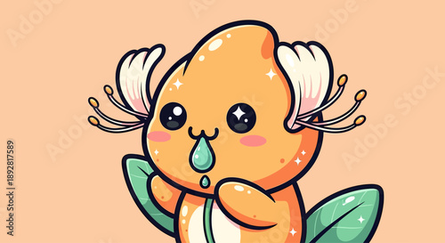 Cute Orange Creature with Flower Ears and Green Droplet