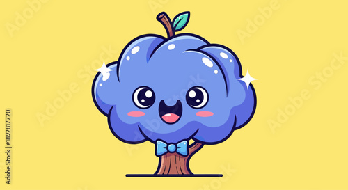 Cute Blue Tree Character with Bow Tie, Happy Face