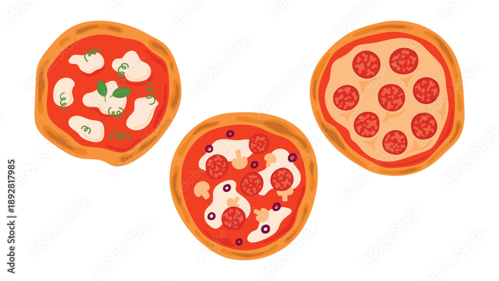 Fototapeta premium Set of whole round pizzas with different toppings including Margherita, pepperoni and mushroom. Italian food top view illustrations isolated on white