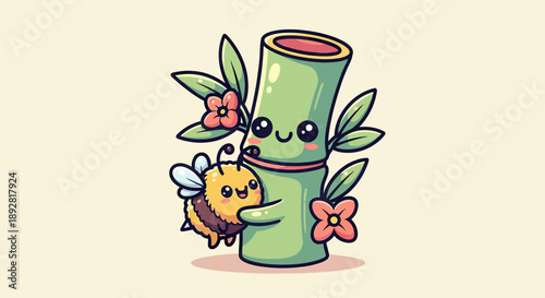 Cute Bee Hugging Bamboo Plant Vector Illustration