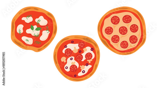 Set of whole round pizzas with different toppings including Margherita, pepperoni and mushroom. Italian food top view illustrations isolated on white