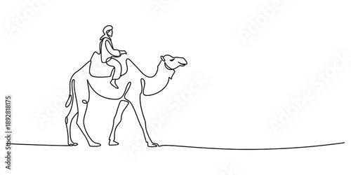 Continuous line art depicting a desert journey with a person riding a camel Vector, illustration