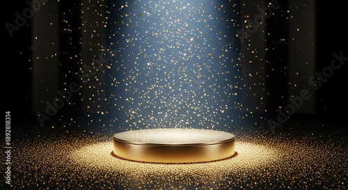 Luxury golden stage background with spotlight lighting, falling glitter particles and dark empty space, perfect for product display, awards, events, branding and premium advertising.