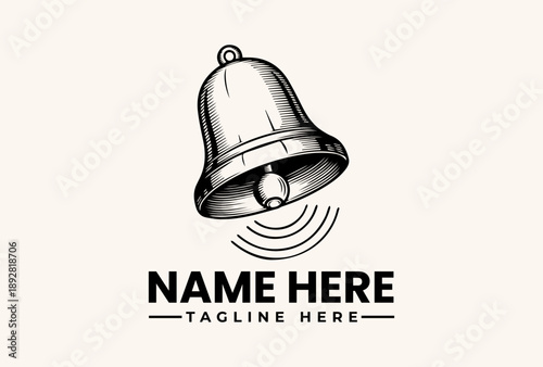 A black and white illustration of a bell with sound waves and a placeholder text for a logo or icon, set against a clean background.
