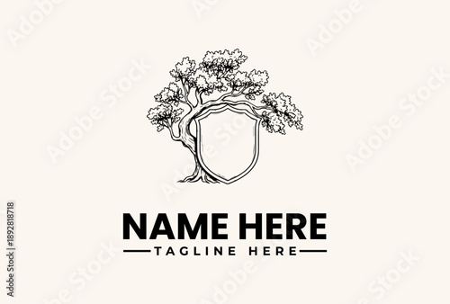 A black and white illustration of a tree next to a shield-shaped logo placeholder with space for a name and tagline on a beige background.