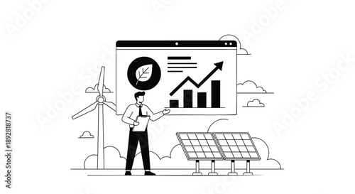 Businessman presenting renewable energy growth chart with solar panel and wind turbine