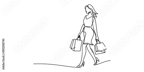Continuous line art drawing of a stylish woman carrying shopping bags Vector, illustration