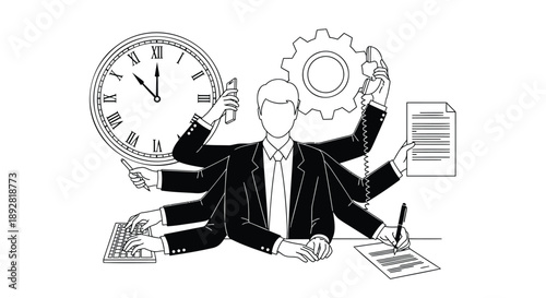Multitasking businessman with multiple arms working on various tasks simultaneously at his desk with clock and documents