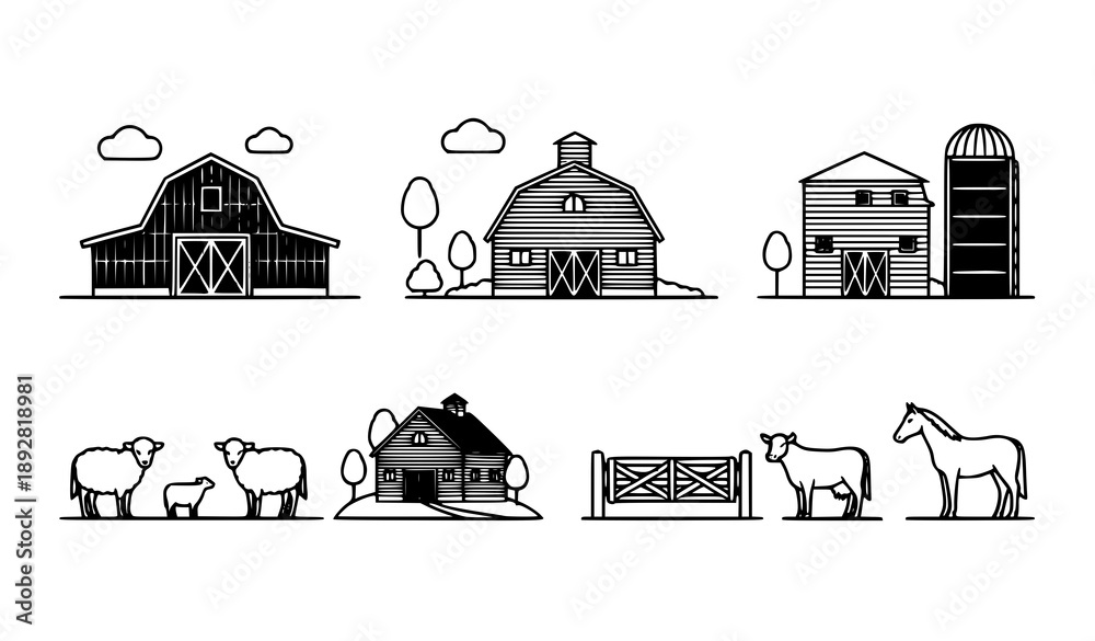 Naklejka premium Farm and barn silhouettes vector collection rural buildings