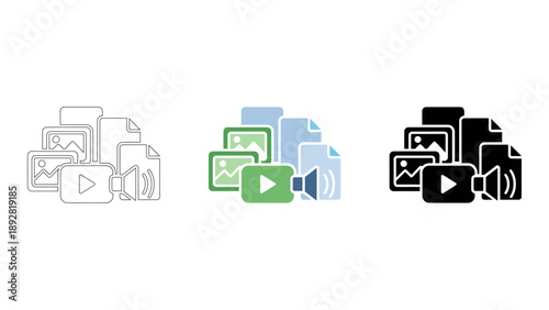 collection of multimedia files and digital media content management icons on white background