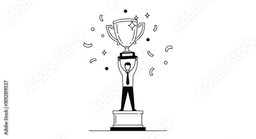 Man holding trophy standing on pedestal with confetti celebrating achievement and success