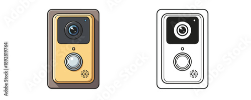 Smart video doorbell with camera and button in cartoon and outline styles with yellow grey and black colors used for home security and monitoring on white background