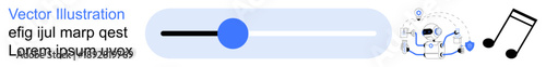 User experience, sound adjustment, media controls, audio management, digital interface, modern technology. Horizontal slider with a blue indicator, music note and digital elements. User experience