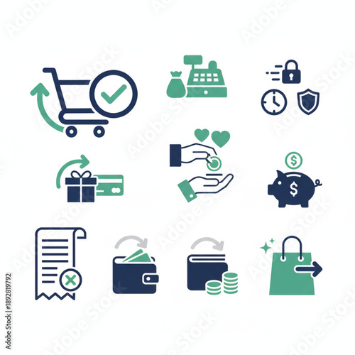 Contemporary vector UI icon set for e-commerce, online shopping, and digital financial transactions. Essential graphic elements for modern web and mobile application design