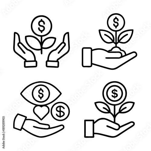 Investment growth and financial support with icons symbolizing money and hands
