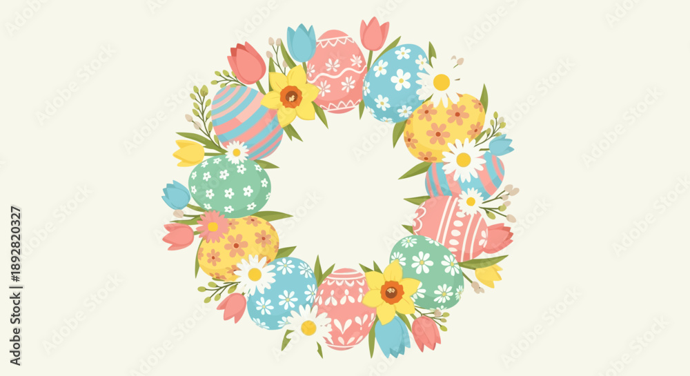 Obraz premium Festive Easter Wreath with Colorful Eggs and Spring Flowers.