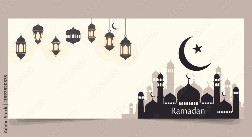 Obraz premium Ramadan Mubarak Illustration with Mosque and Lanterns.