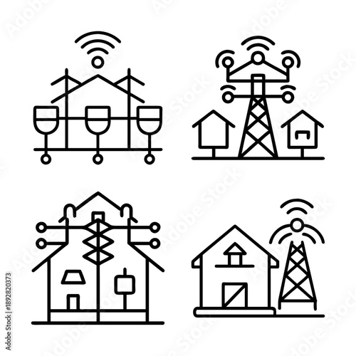 Smart Grid and Energy Transmission Icons- Line icons illustrating power transmission towers connected to homes with wireless signals, representing smart grid technology and modern energy distribution