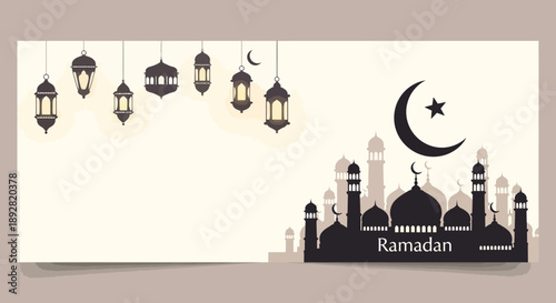 Ramadan Mubarak Illustration with Mosque and Lanterns.