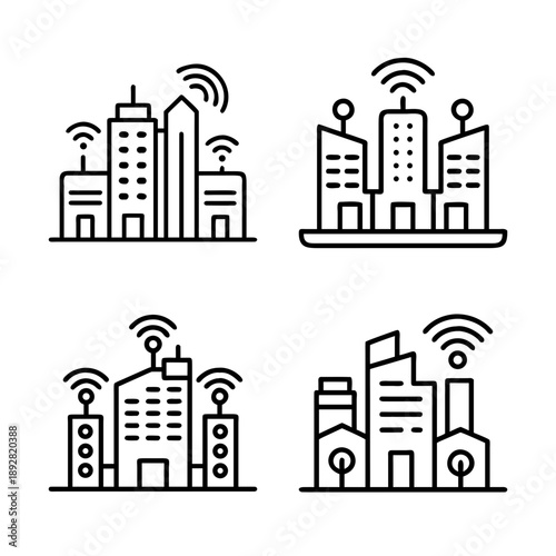 Smart City and Connected Buildings Icons- Line icons of modern city buildings with wireless signals, representing smart city technology, connected infrastructure, and digital urban communication.
